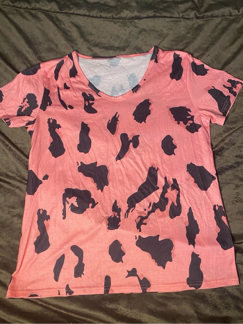 Women’s Pink Short Sleeve V-Neck Tee with Black Abstract Print